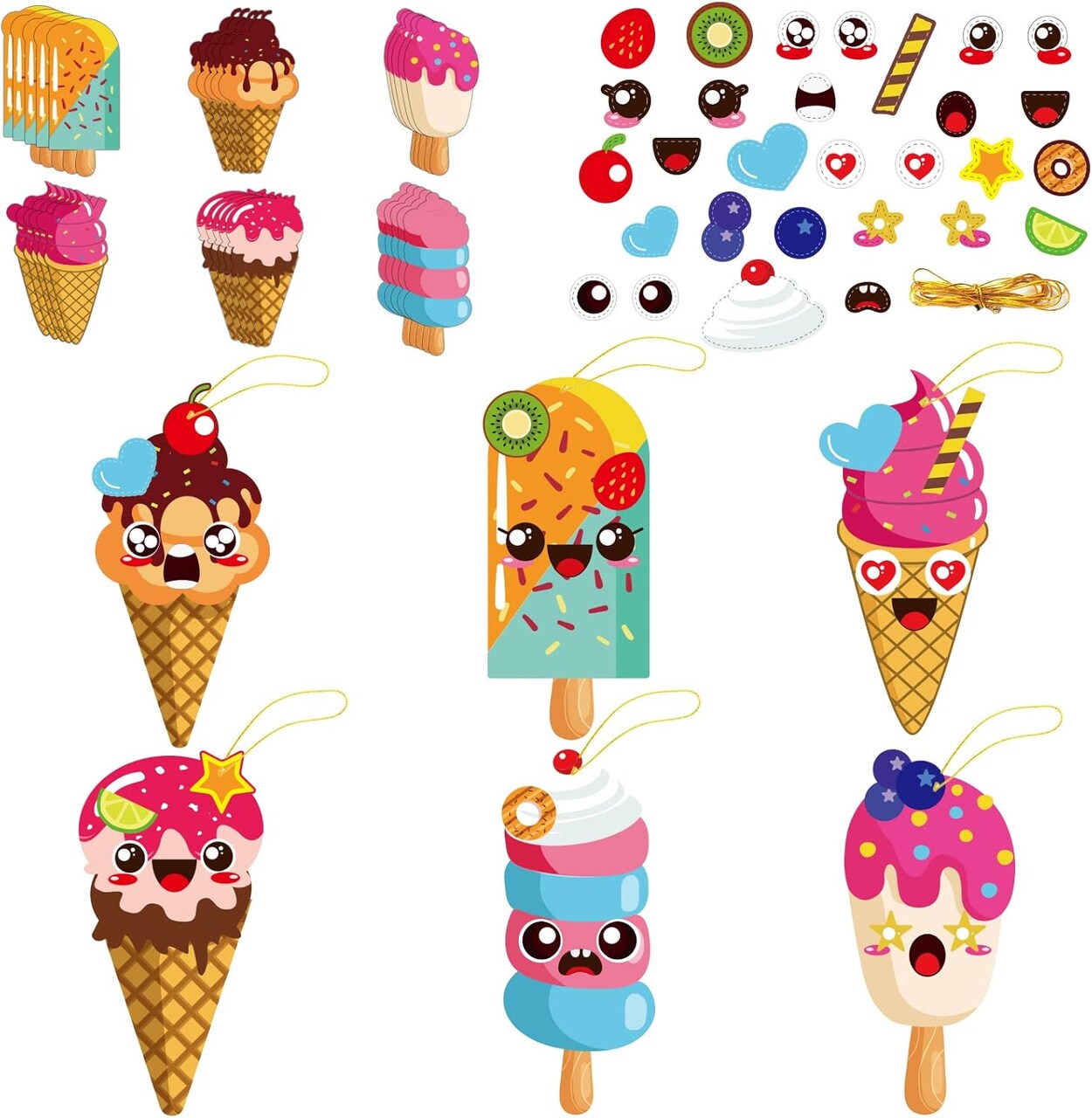 30 Packs Summer Ice Cream Craft Kit for Kids – DIY Sweet Treat Sticker Art Set with 130+ Pieces, Classroom Activity, Daycare Craft, Summer Party Favors & Creative Fun Games